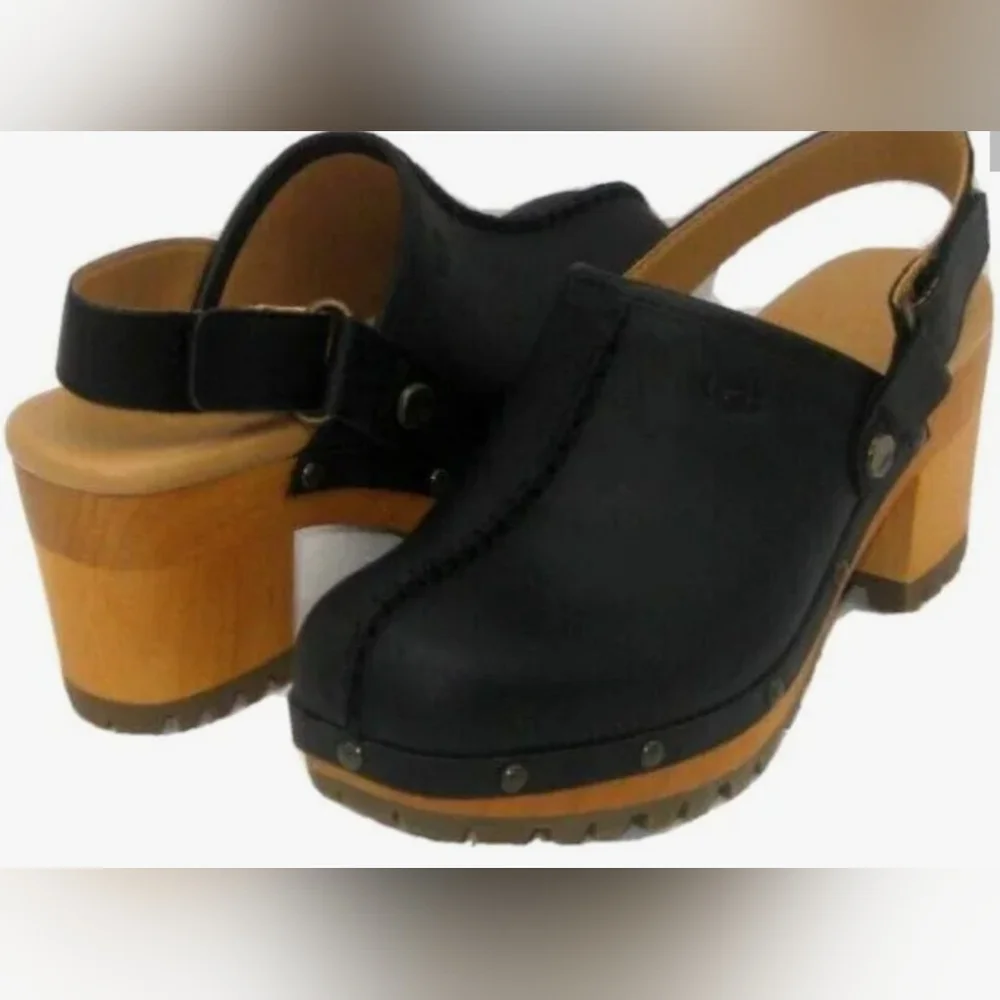 New UGG LANNI CHUNKY WOMEN CLOGS LEATHER BLACK US 11 /UK 8/EU 42 NEW NO BOX